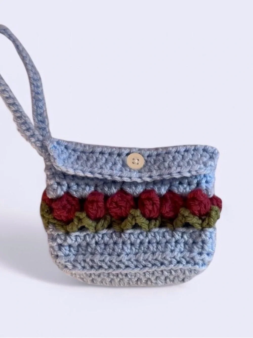 Handmade Light Blue Crochet Wristlet with Rose Accent